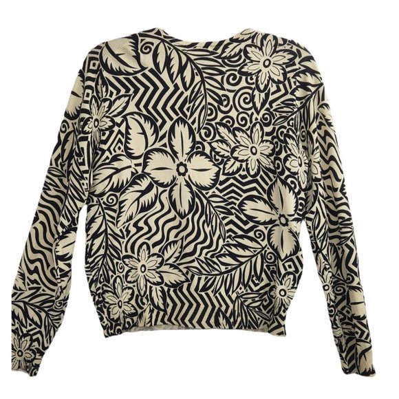 Oliver Perry Women's L Cardigan Silk Blend Black Cream Tropical Print Button Up - Picture 2 of 10